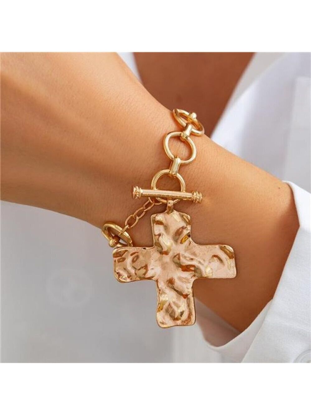 Chunky Big Hammered Cross Bracelets Trendy  Statement Faith Chain Bracelet